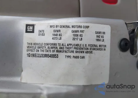 2003 Chevrolet Malibu Ls z USA, uszkodzony, nr VIN 1G1NE52J33M648853